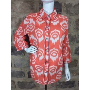 Soft Surroundings Blouse Button Up Orange‎ White Ikat Design Woman's Size Medium